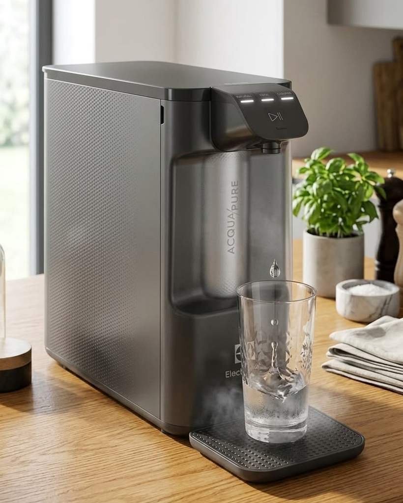 Purificador Electrolux Acqua Pure enchendo um copo de água sobre bancada de madeira.